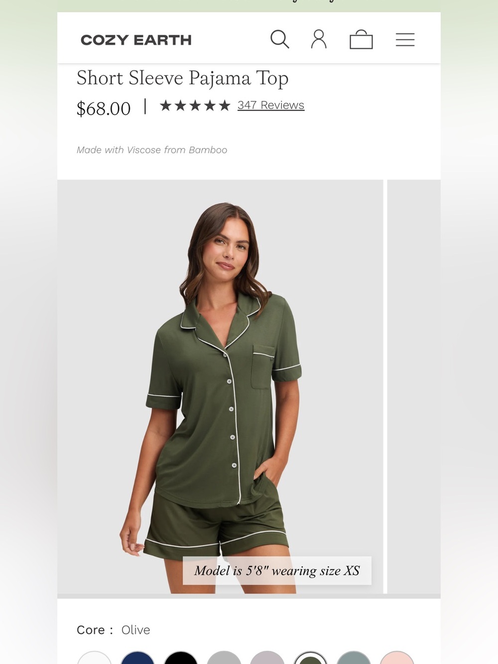 Cozy Earth Olive Short Sleeve Pajama Top - Women's